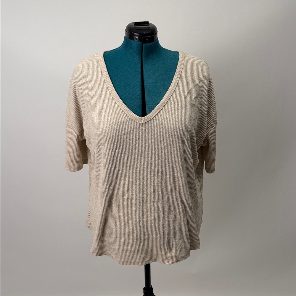 A New Day Beige Ribbed Short Sleeve Top